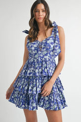 Floral Print Shoulder Tie Layered Mini Dress Mable Royal Blue S